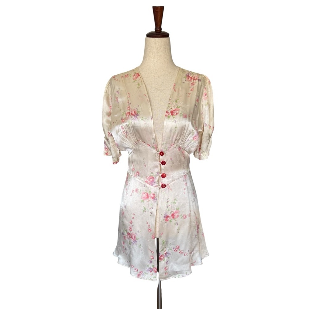 Vintage 30s 40s Floral Satin Top Blouse Bed Jacket Lingerie Boudoir Small